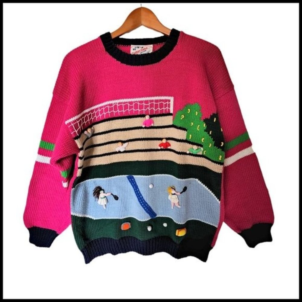 Vintage Cotton Salsa Handmade Peru 3D Novelty Tennis Pink Sweater XL Large